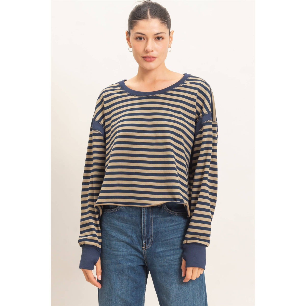 Striped Long Sleeve Open Back Top
