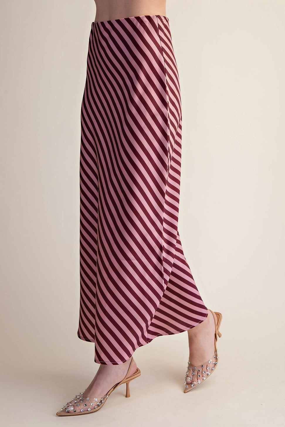 Stripe Satin Midi Skirt With Elastic Waist Band