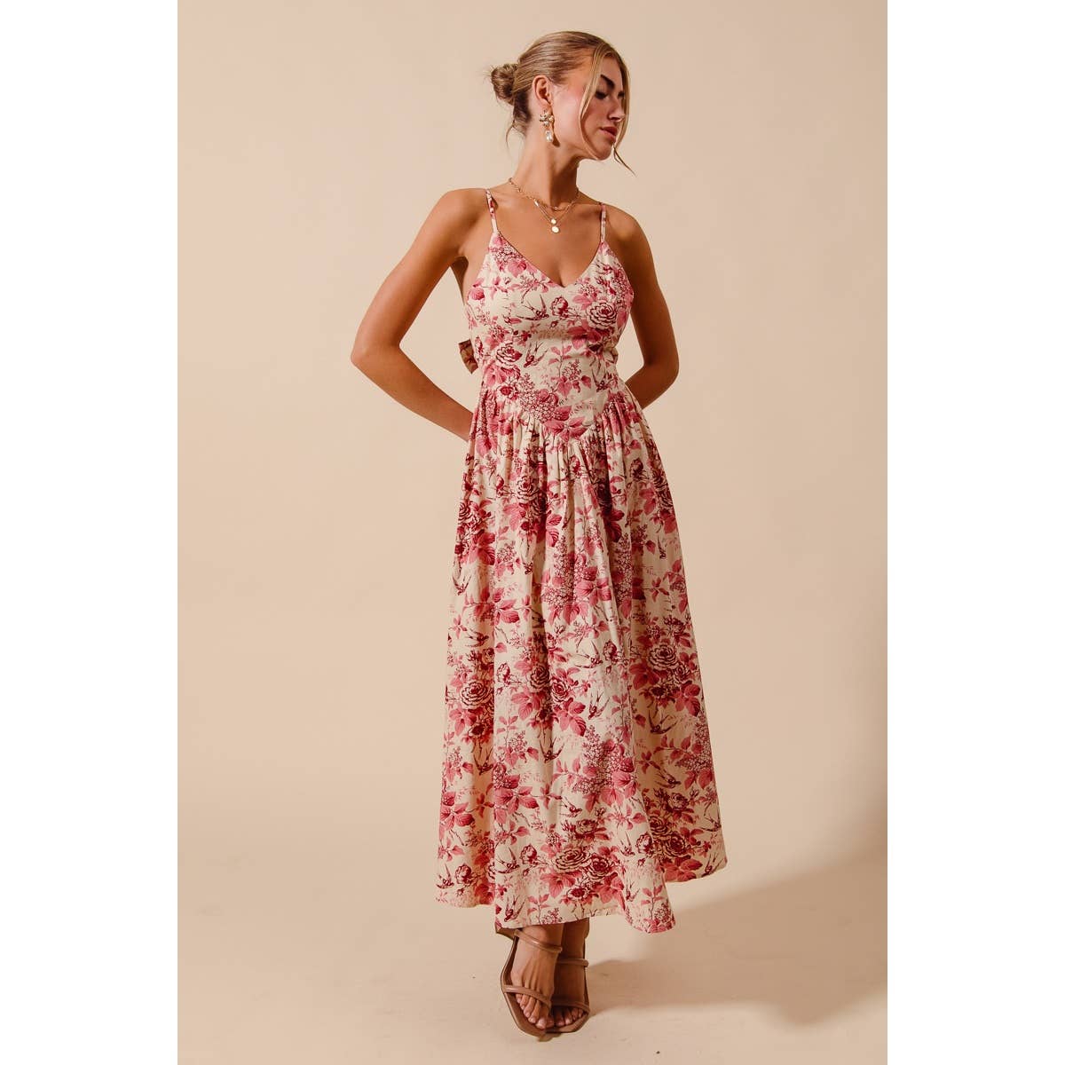 Floral Woven V Neck Dress With Back Ribbon Tie