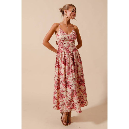 Floral Woven V Neck Dress With Back Ribbon Tie