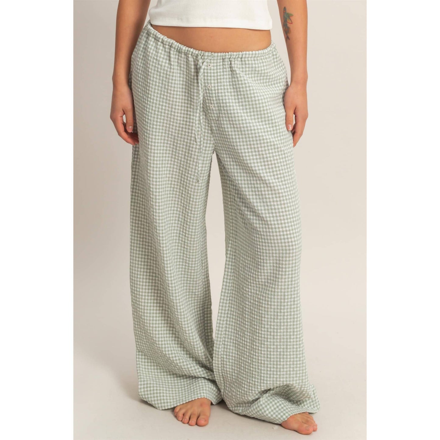 Gingham Drawstring Wide-Leg Pants