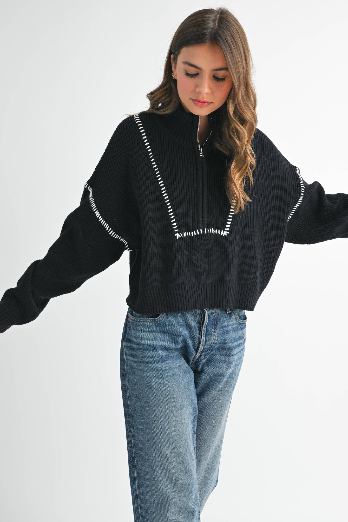 Contrast Stitch Quarter-Zip Sweater