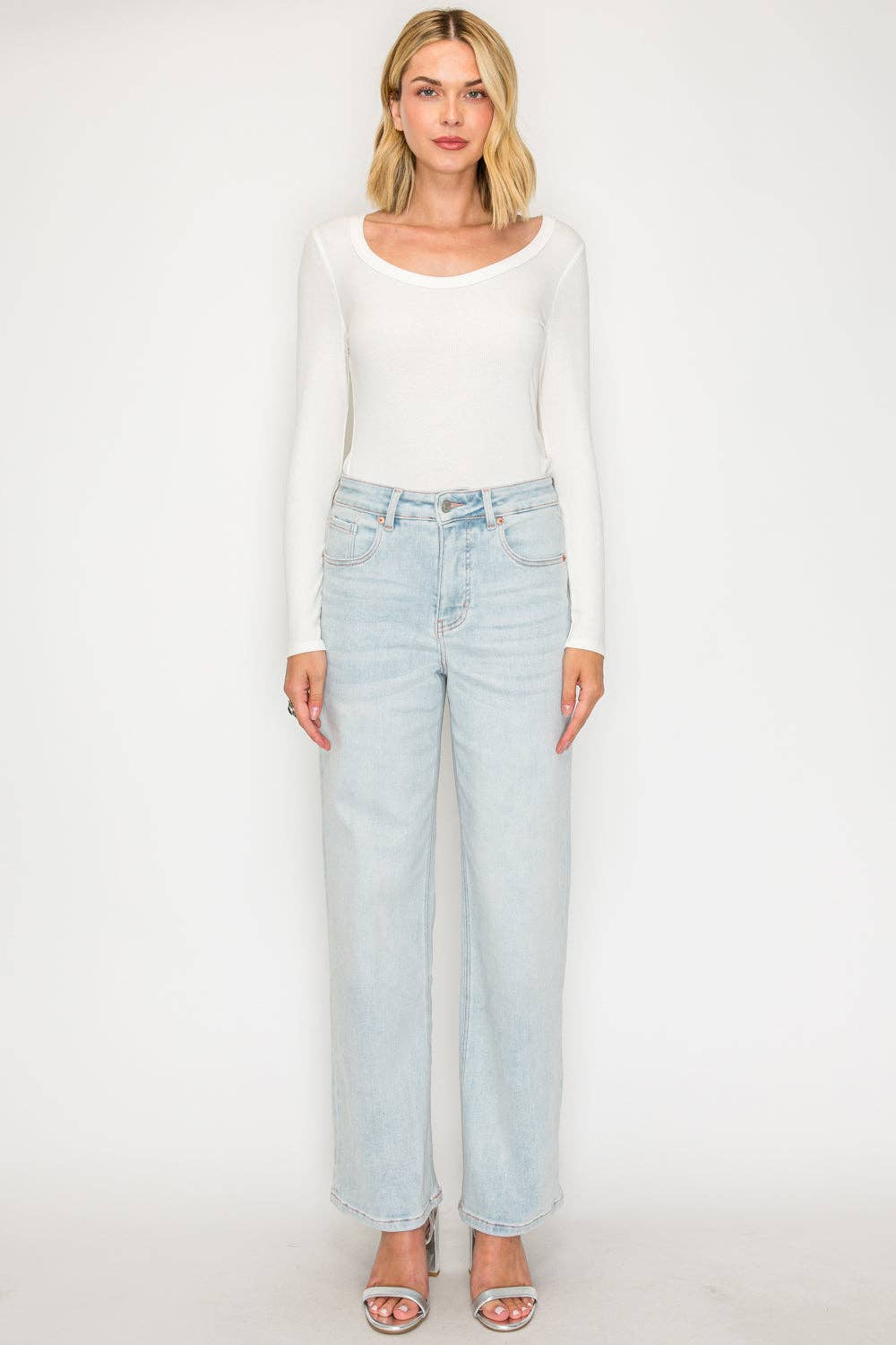 High Rise Pink Thread Straight Jeans