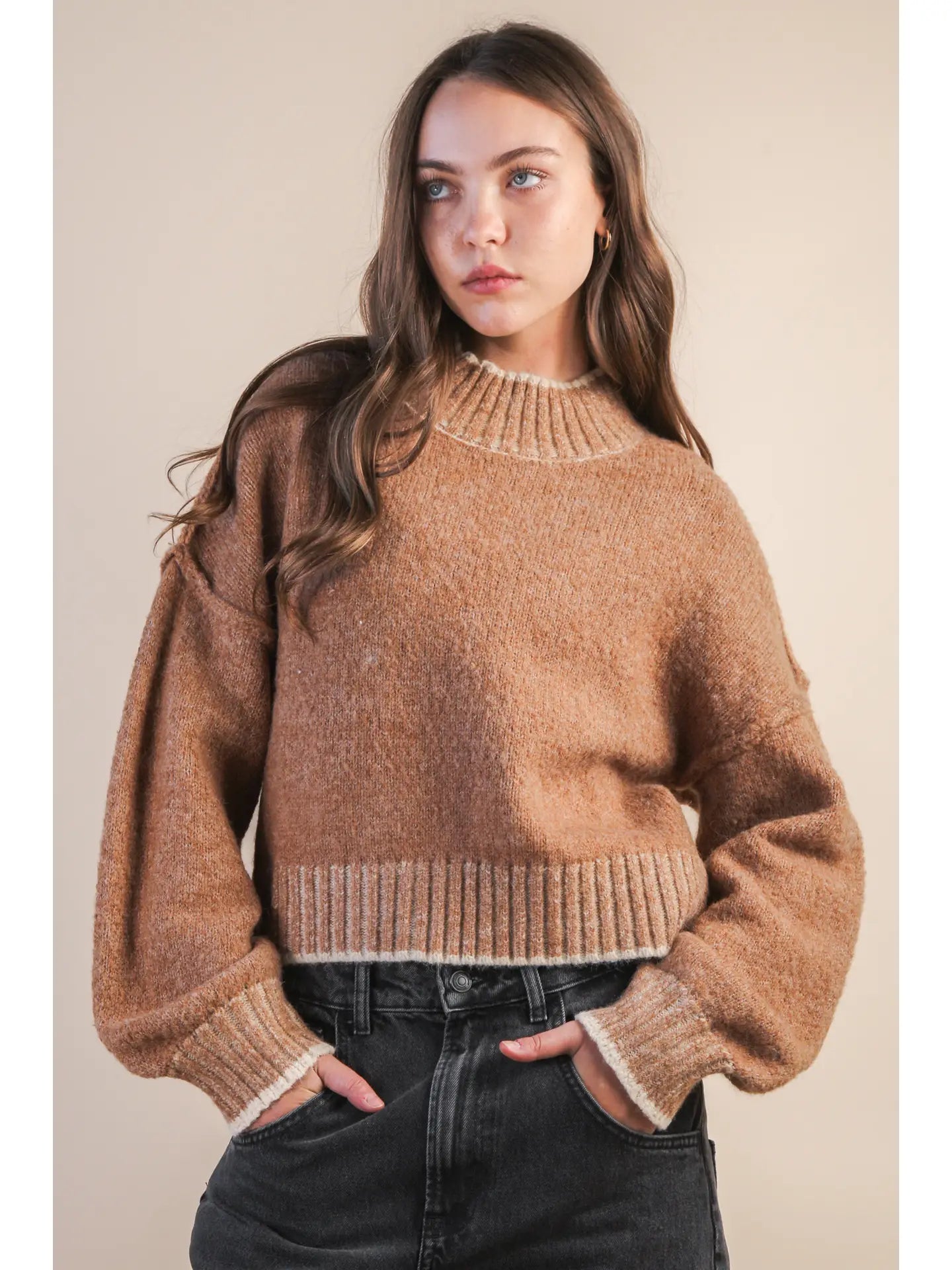 Oversized Mock Neck Knit Sweater Top