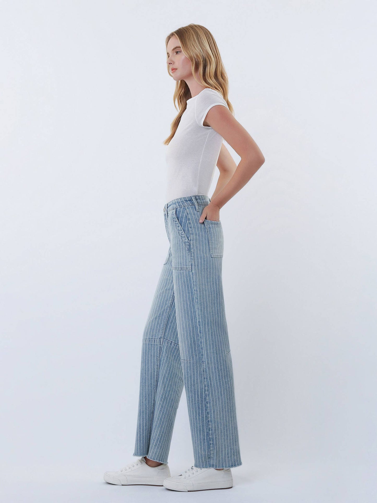 Striped Raw Hem Barrel Jeans