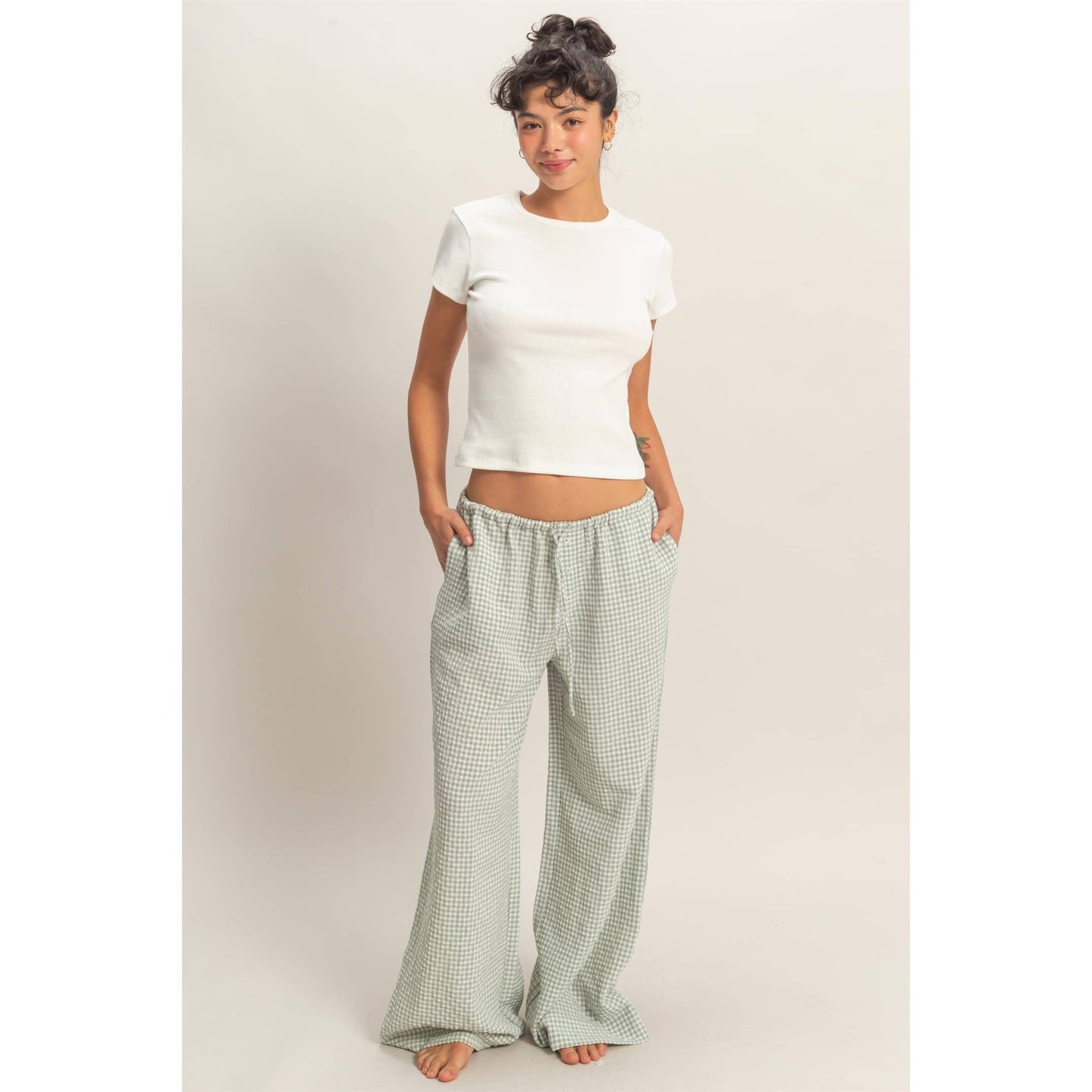 Gingham Drawstring Wide-Leg Pants