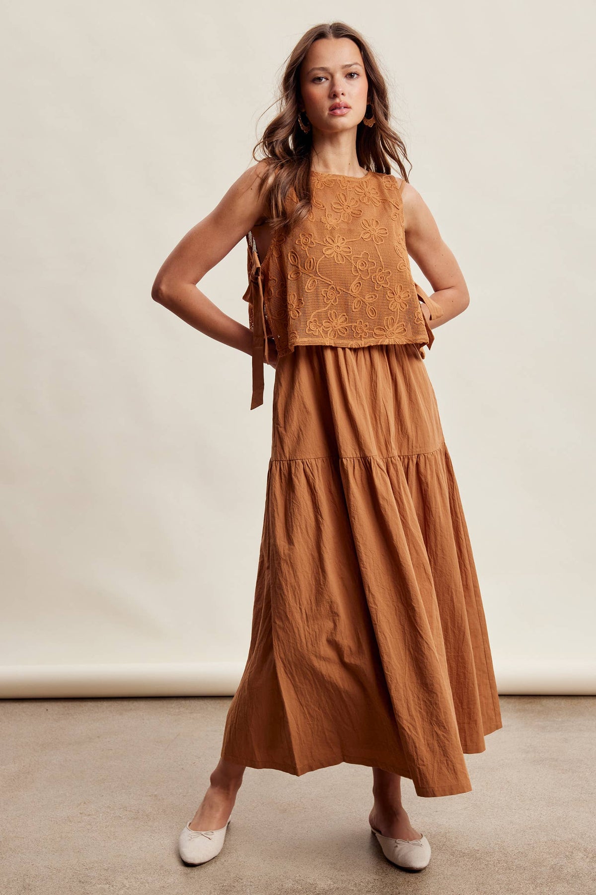 Embroidered Lace Vest & Sleeveless Midi Dress Set