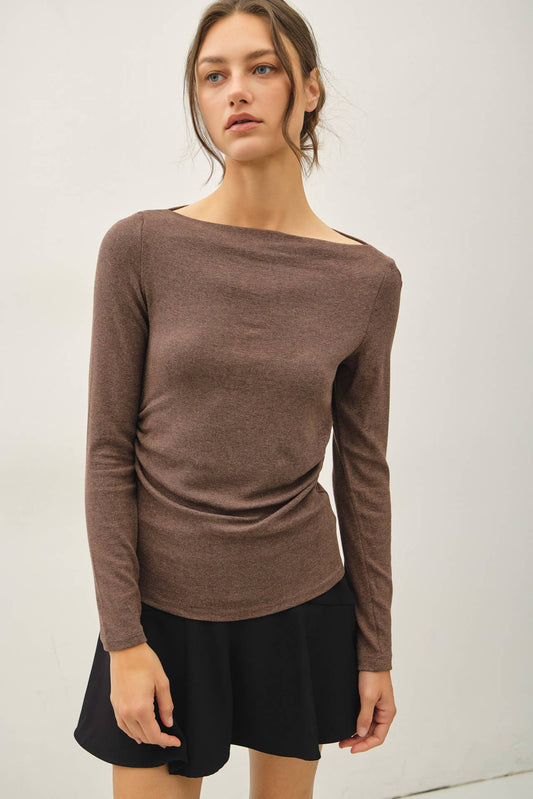 Modal Classic Ribbed Boat Neck Shirring Waist Top