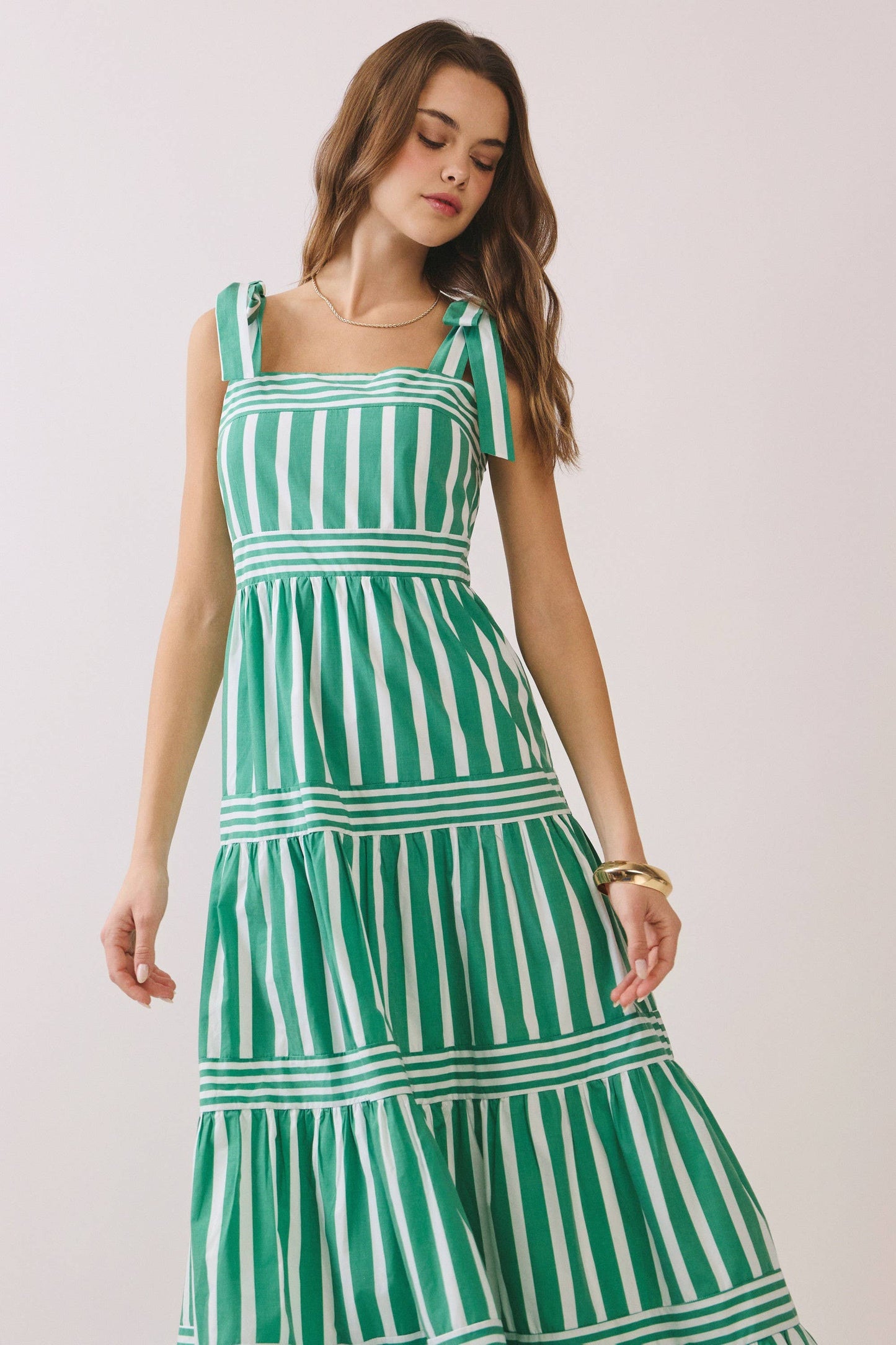 Striped Adjustable Tie Shoulder Straps Maxi Dress