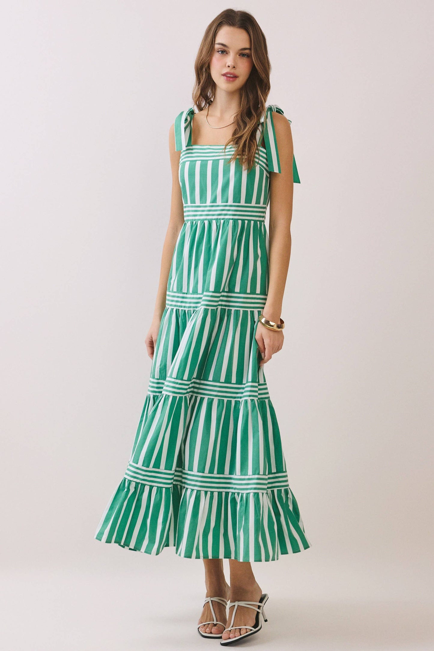 Striped Adjustable Tie Shoulder Straps Maxi Dress