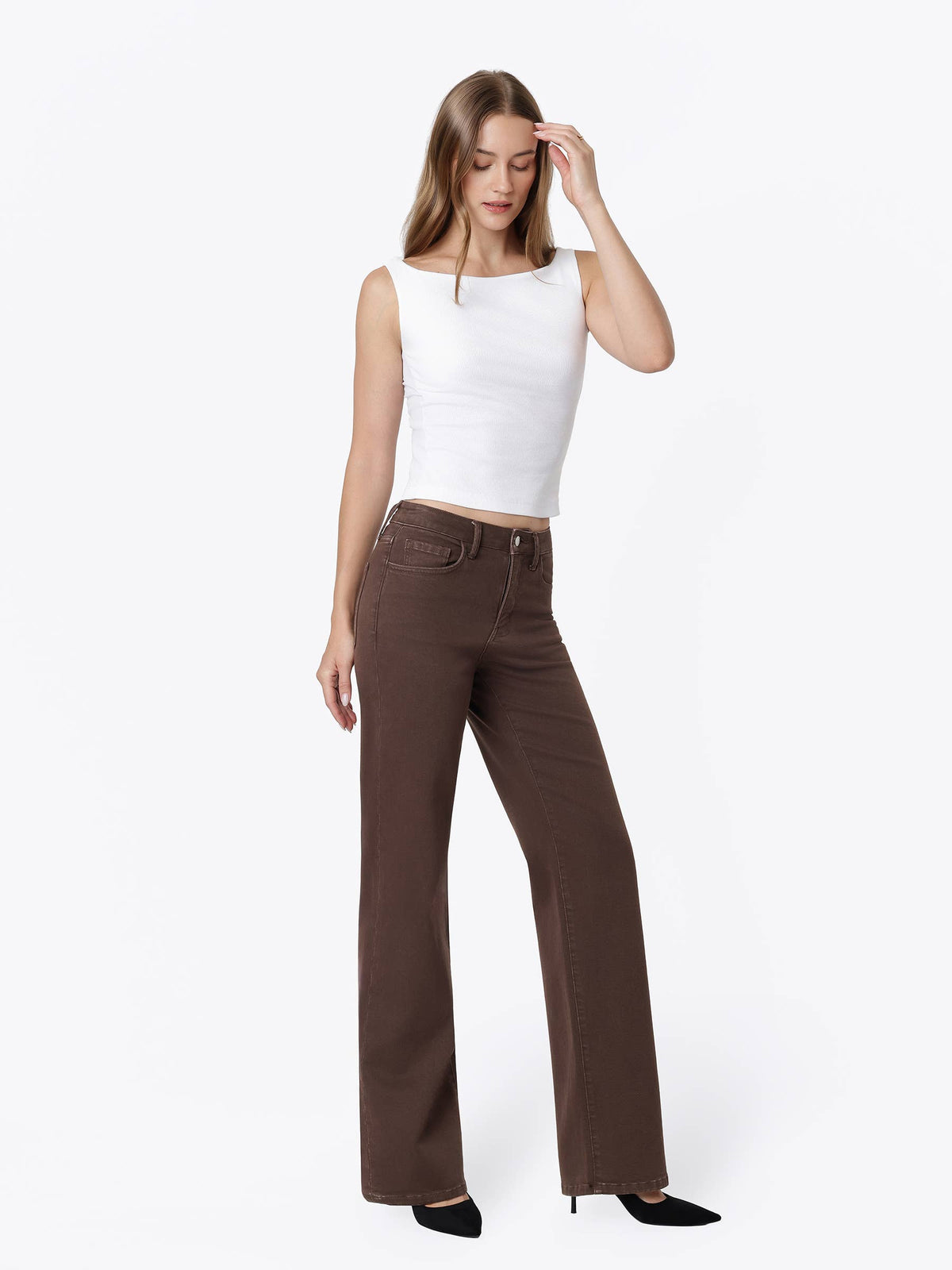 High Rise Brown Slim Wide Jeans