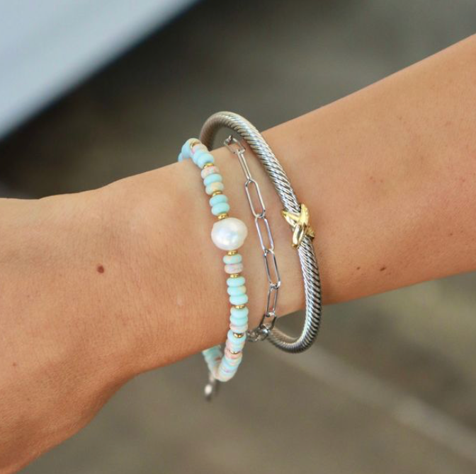 Blue Bead And Pearl Elastic Bracelet