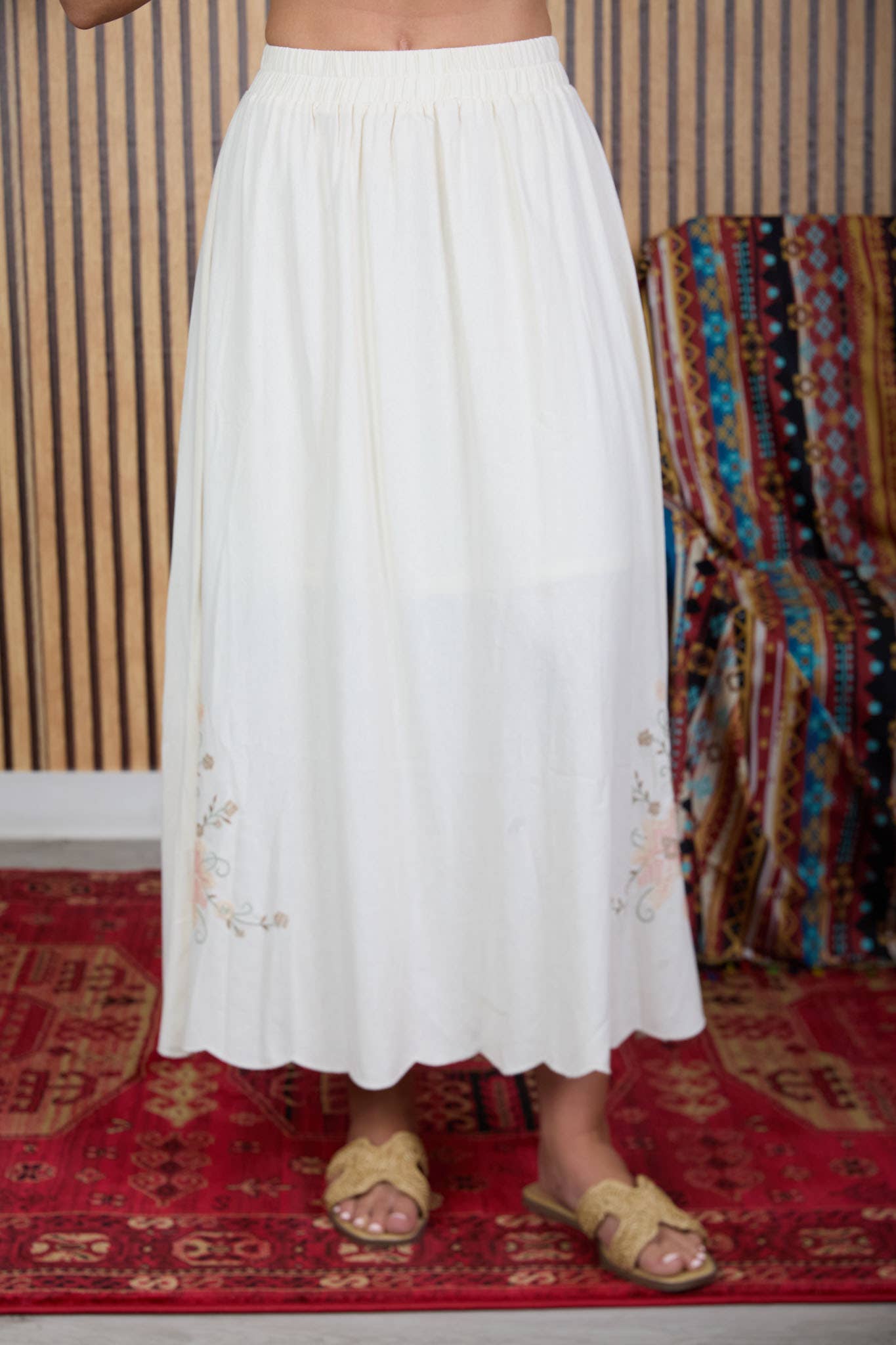 Floral Embroidery Detail Linen Midi Skirt