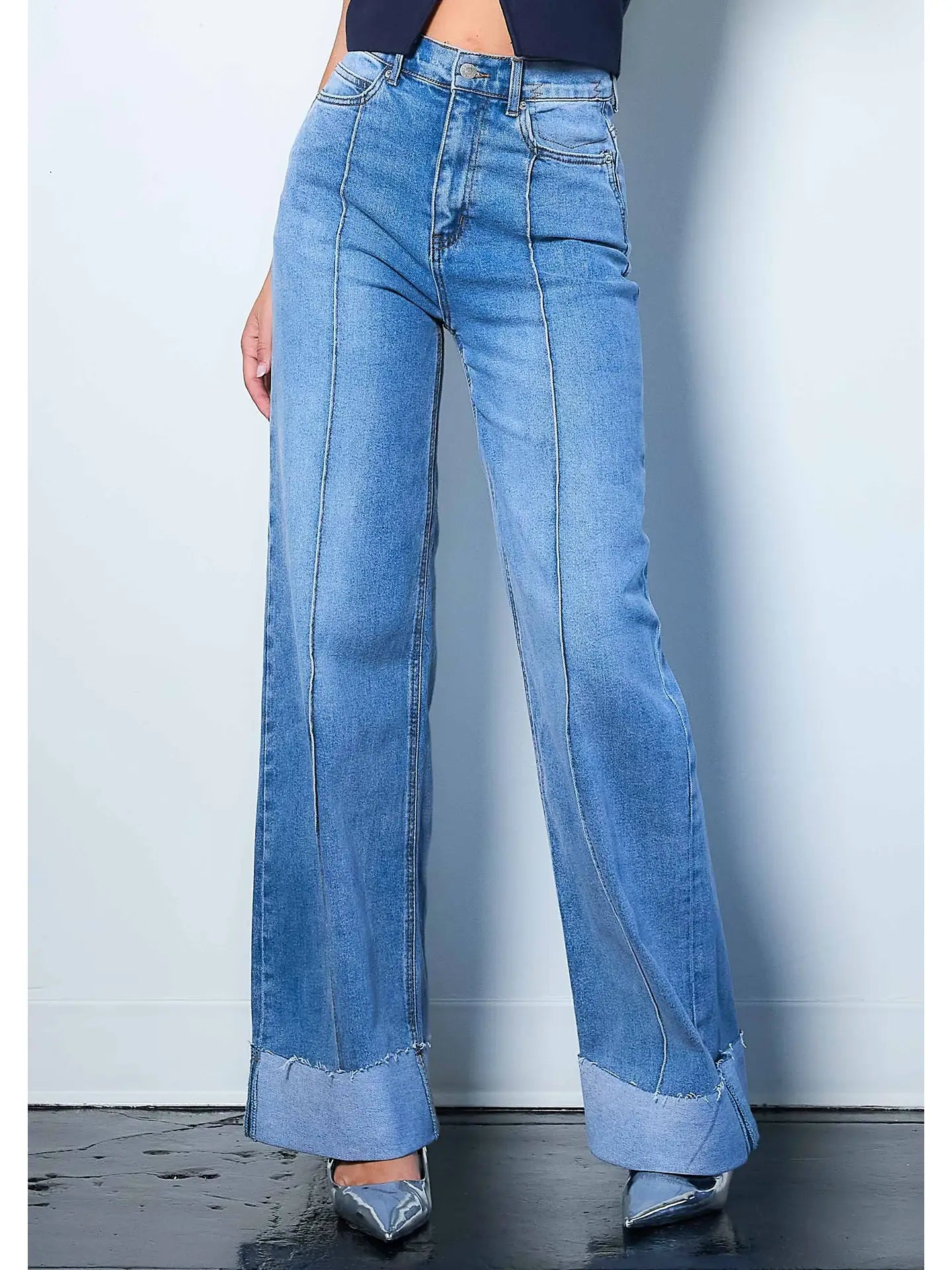 Folded Hem Wide Leg Jeans