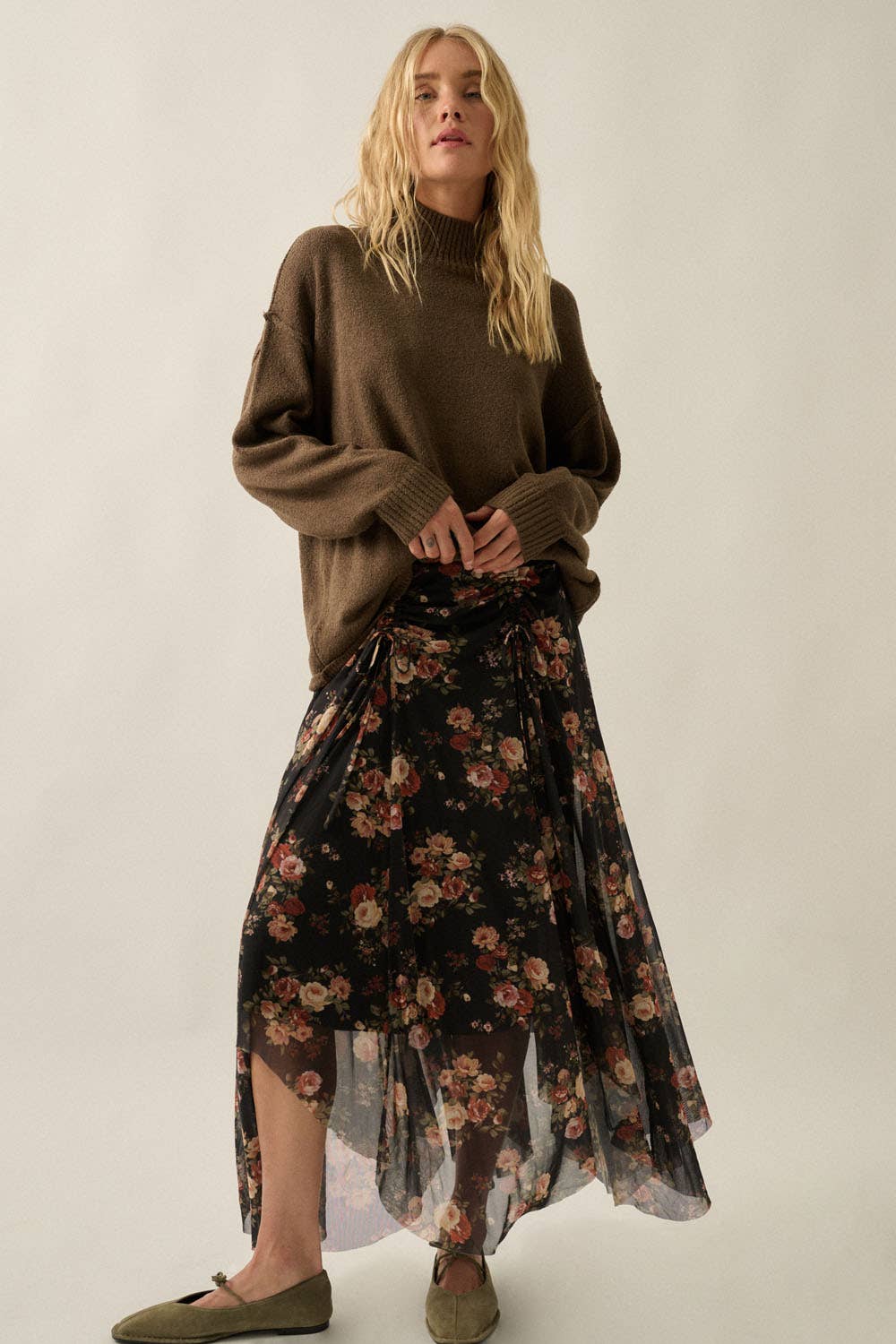 Floral Mesh Drawstring Maxi Skirt