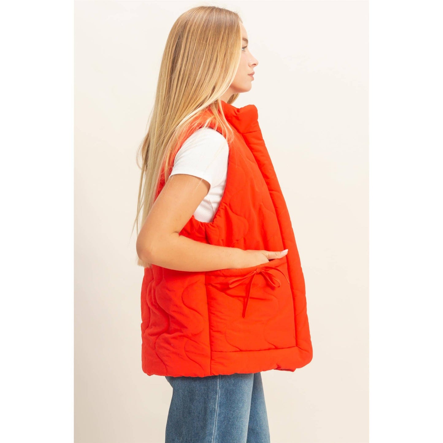 Wave Quilted Ribbon Tie Detailed Puffer Vest