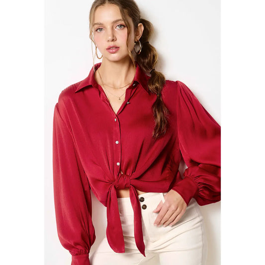 Flowy Button Down Balloon Sleeve Tie-Front Shirt