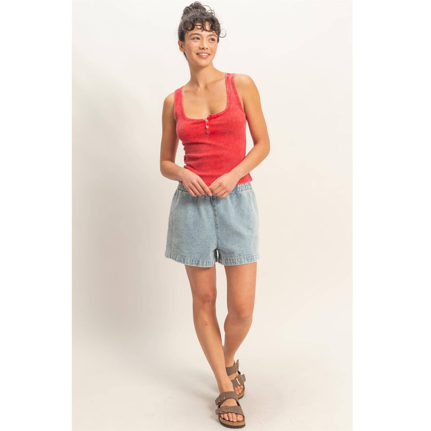 Acid Washed Henley Ribbed Tank Top