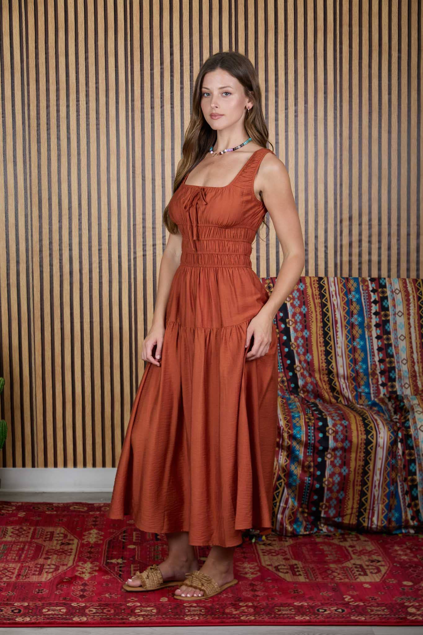 Front Tie Shirred Waist Midi Dress