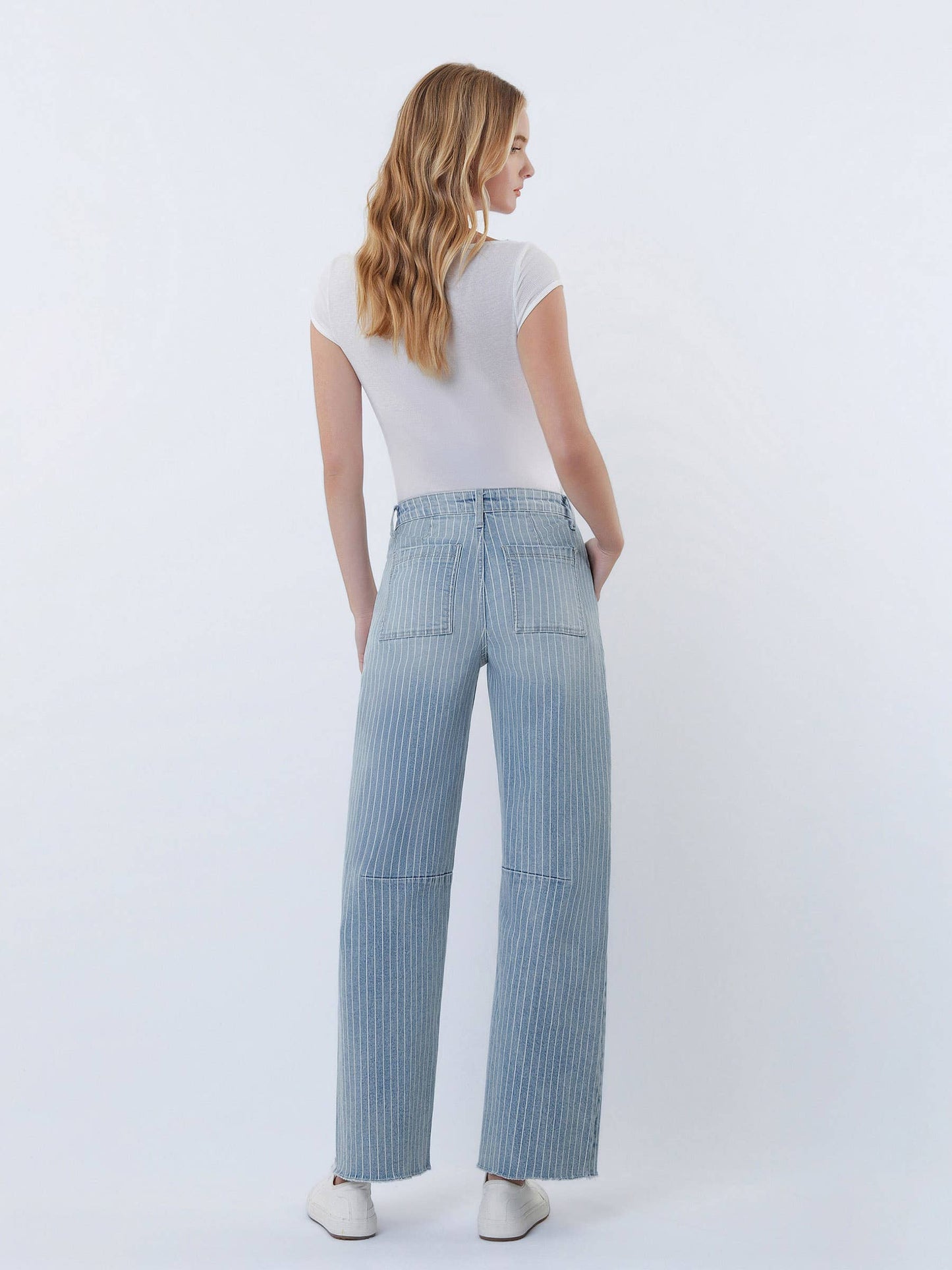 Striped Raw Hem Barrel Jeans