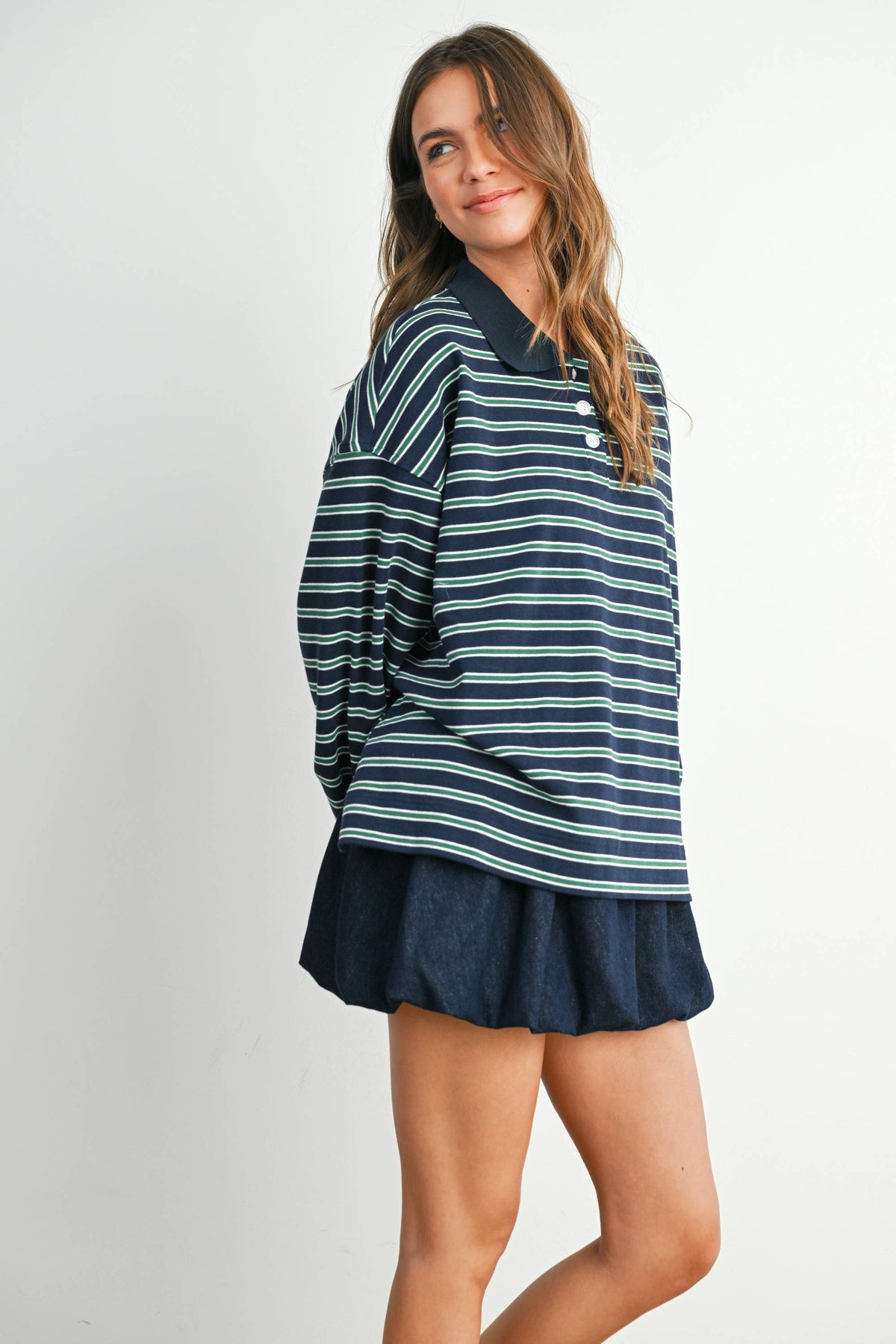 Quarter-Button Striped Collared Long Sleeve Top