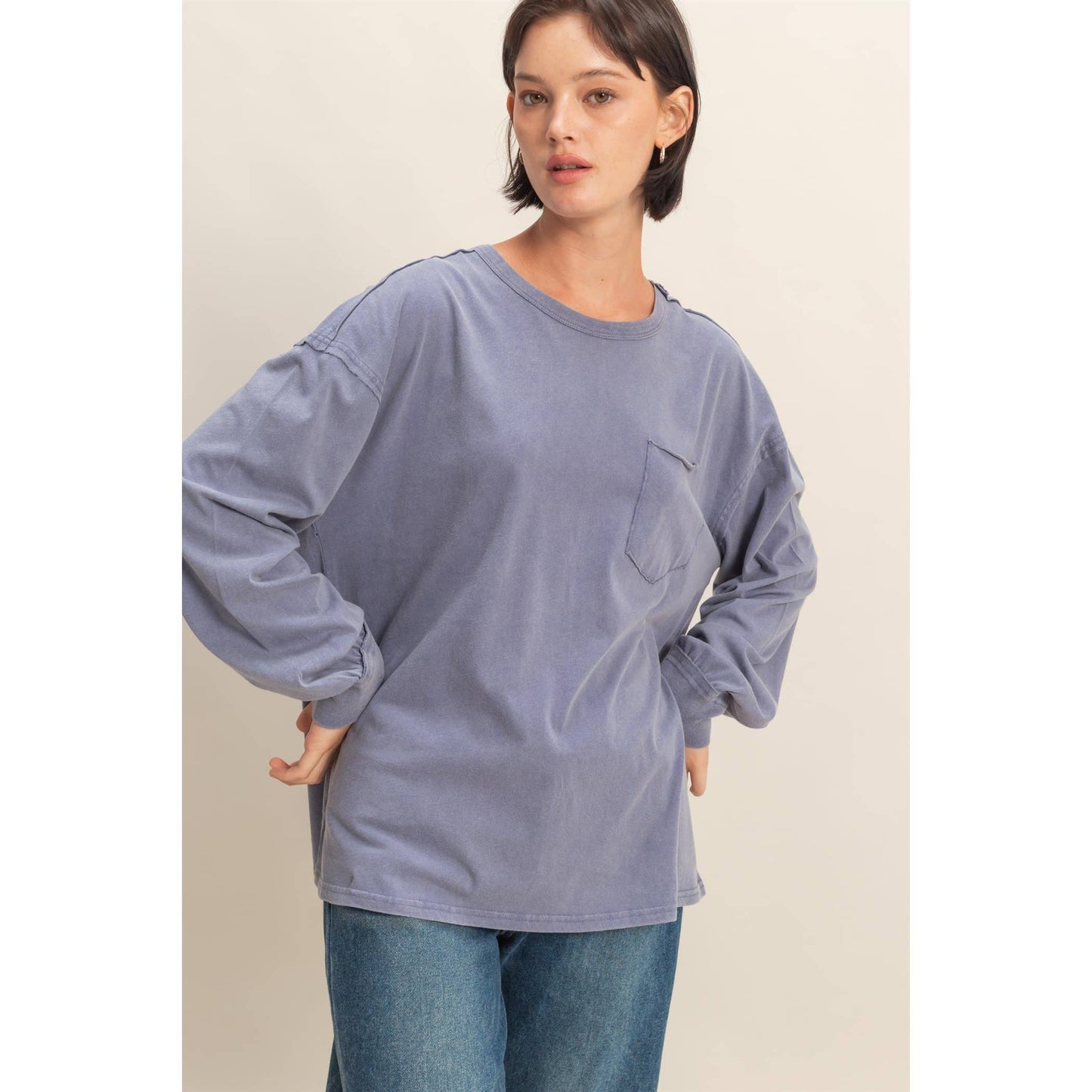 Oversized Washed Long Sleeve Pocket Tee