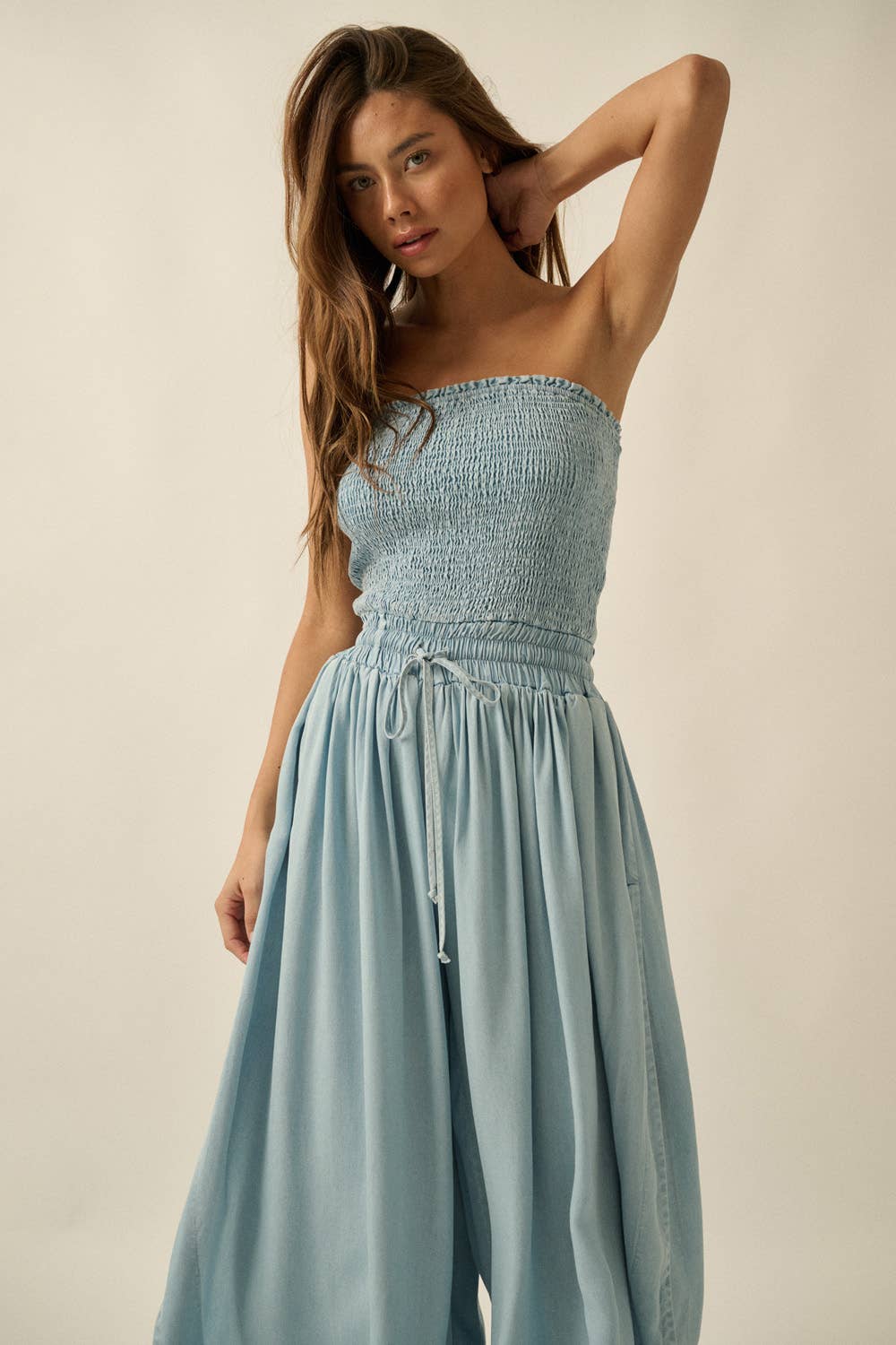 Tencel Denim Strapless Tulip-Leg Jumpsuit