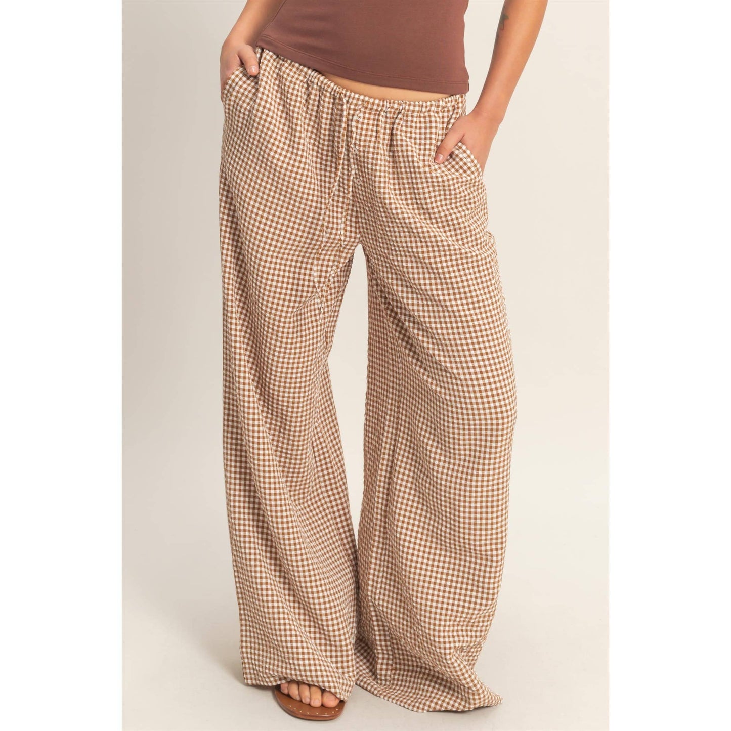 Gingham Drawstring Wide-Leg Pants