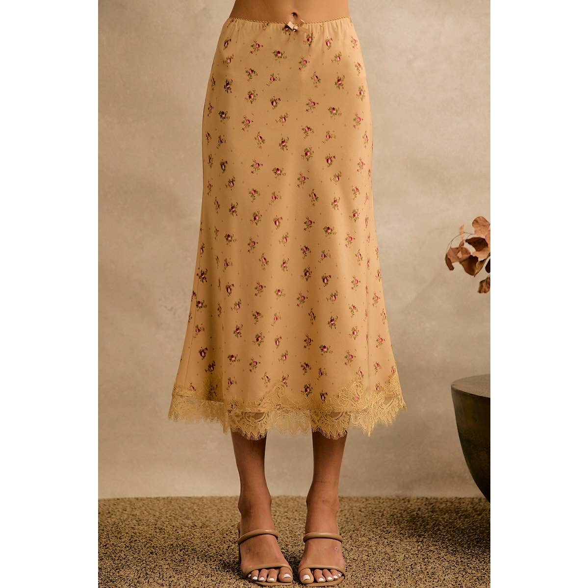 Satin Floral Print Lace Trim Midi Skirt