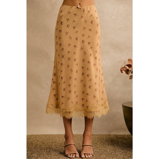 Satin Floral Print Lace Trim Midi Skirt