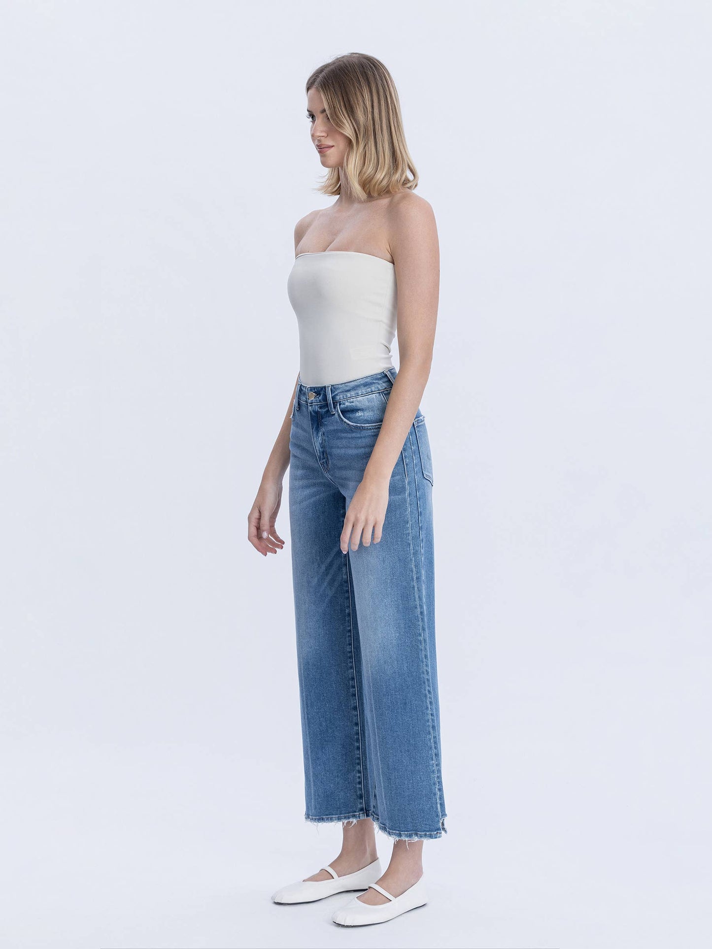 High Rise Side Panel Step Hem Ankle Wide Jeans