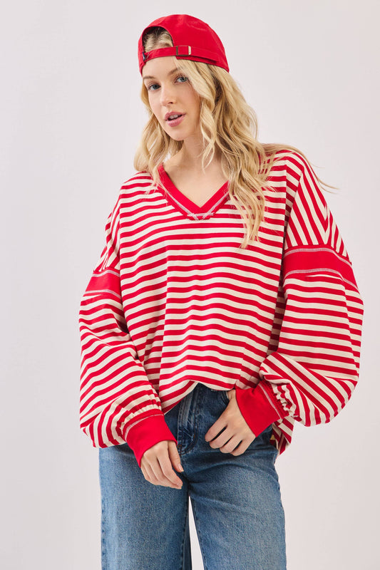 Striped Balloon Sleeve V-Neck Knit Top