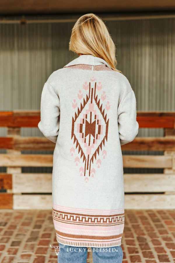 Ivory Soft Pink Aztec Knitted Cardigan (PRE-ORDER)