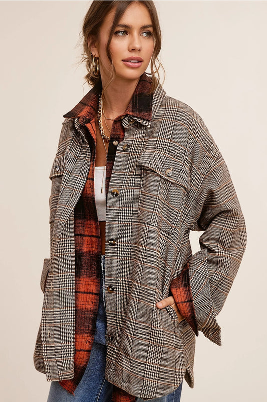 Houndstooth Plaid Button Down Shacket
