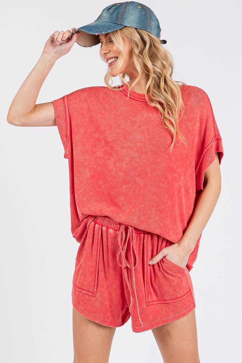 Red Mineral Washed Shorts Set