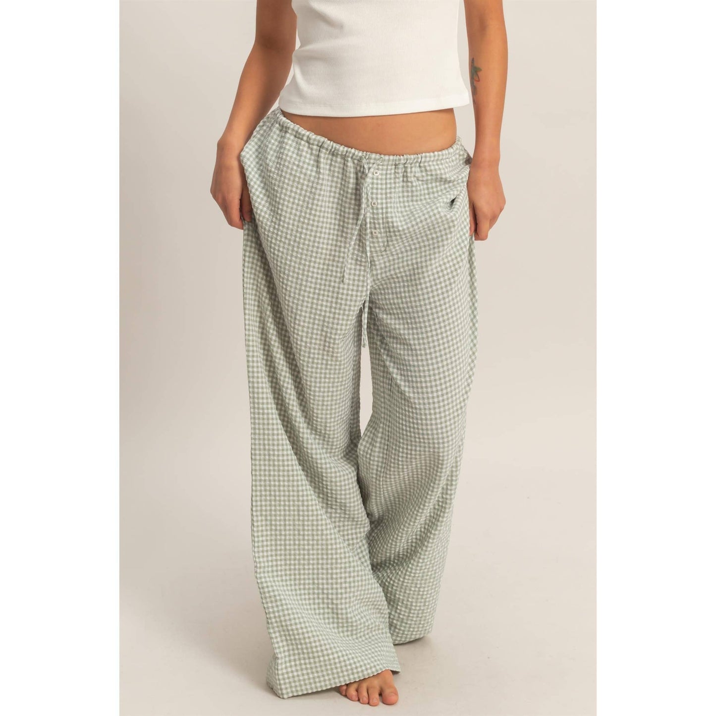Gingham Drawstring Wide-Leg Pants