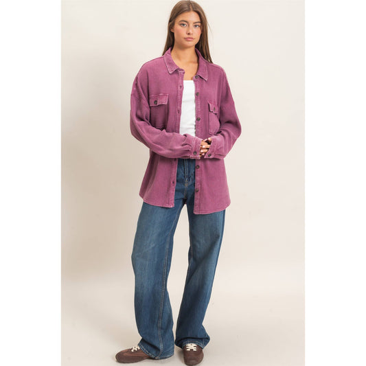 Mineral Wash Waffle Knit Button-Up Shacket