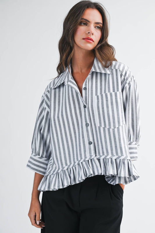 Striped Ruffle Hem Button Down