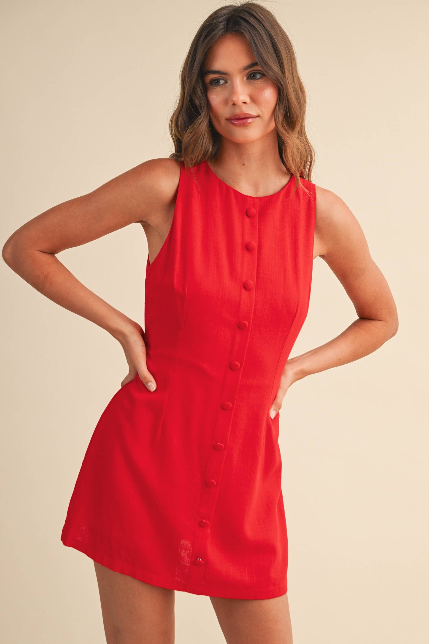 Linen Blend Red Mini Dress