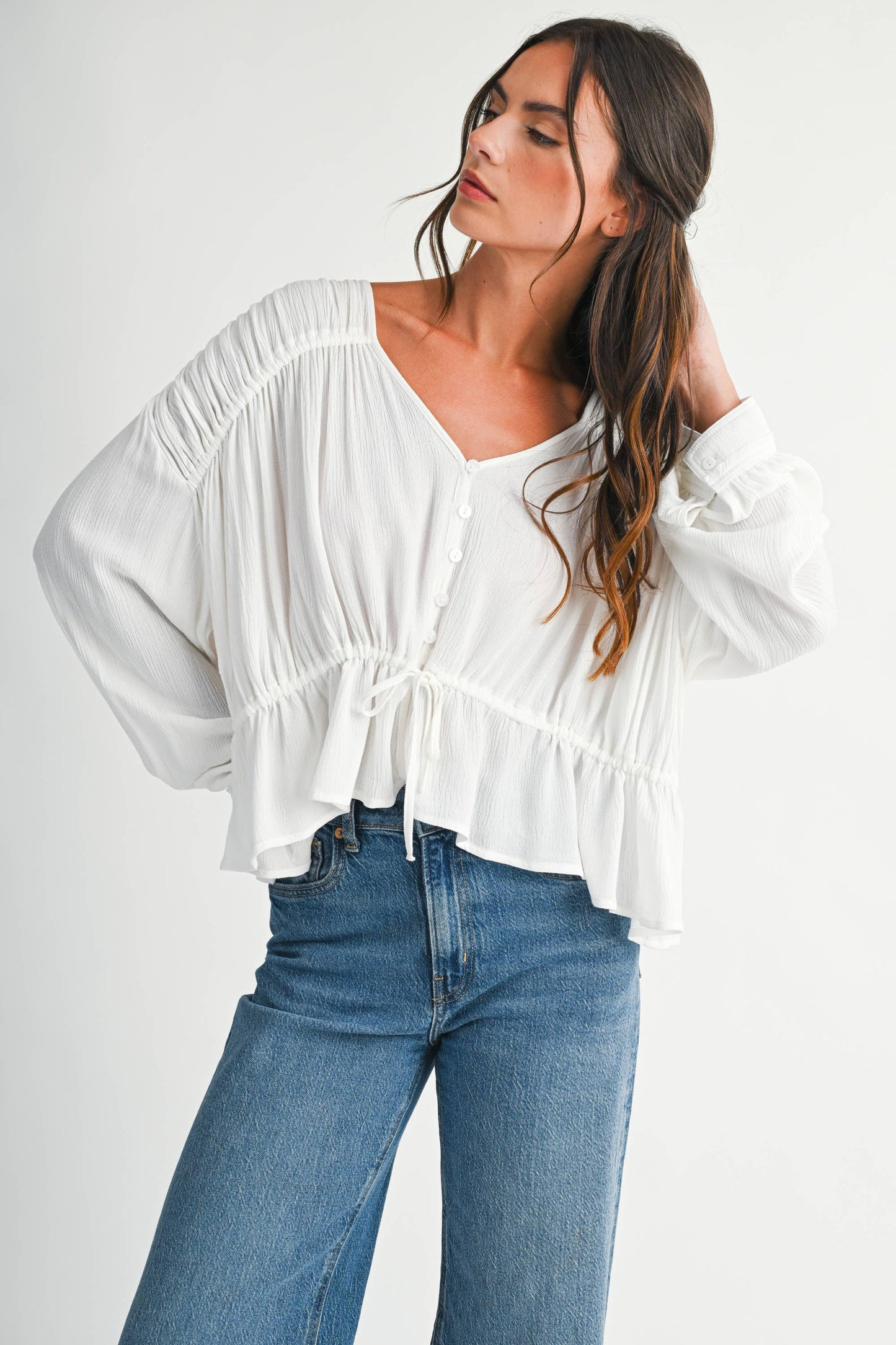Textured Button Front Peplum Blouse