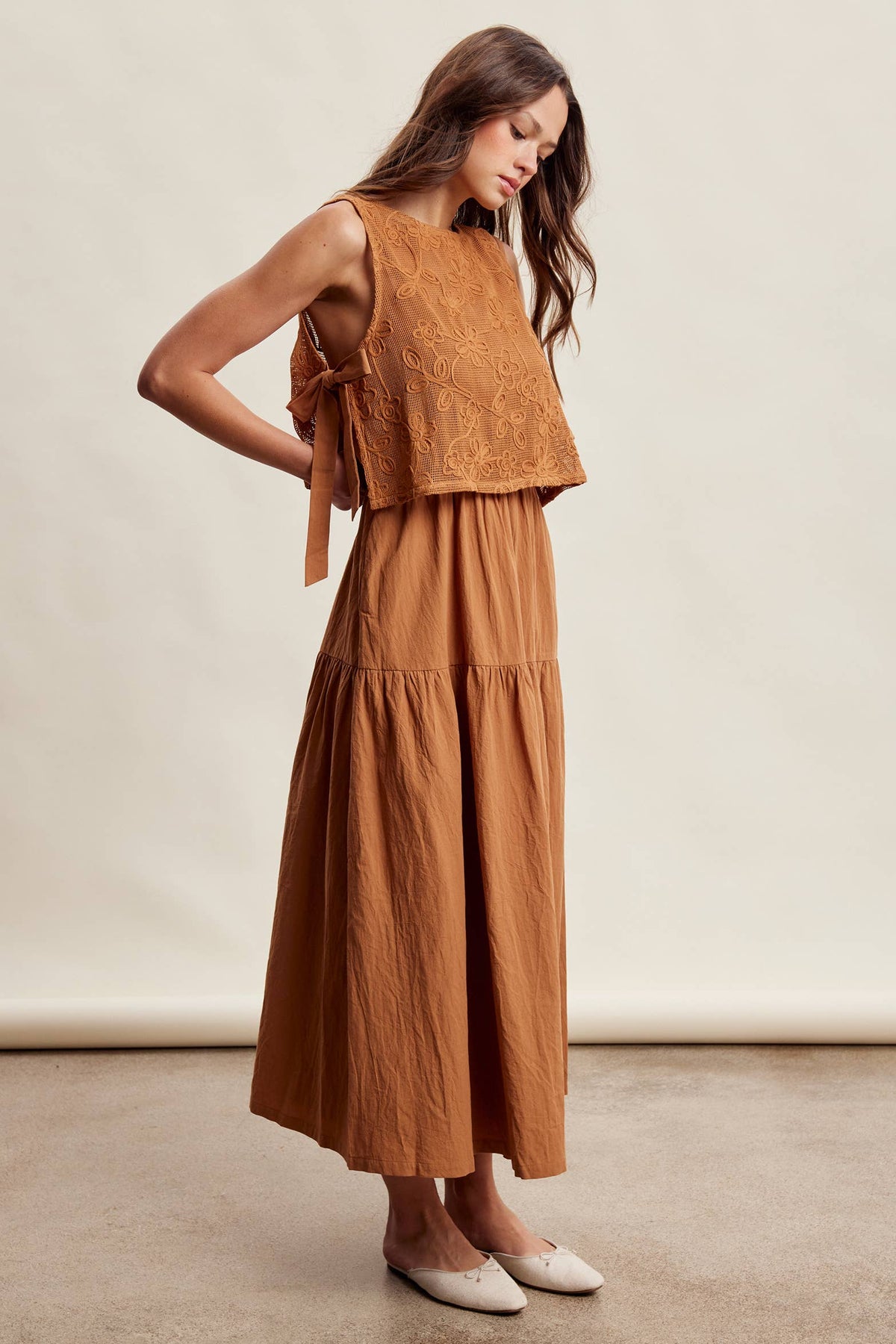 Embroidered Lace Vest & Sleeveless Midi Dress Set