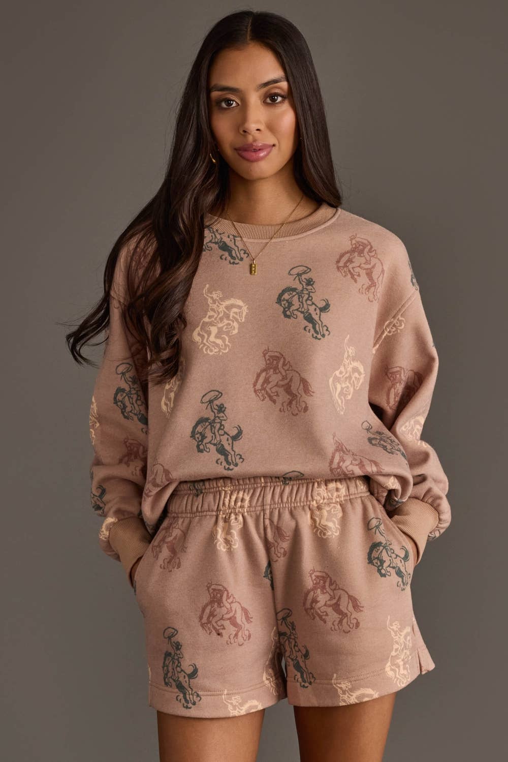Brown Western Print Sweatshirt