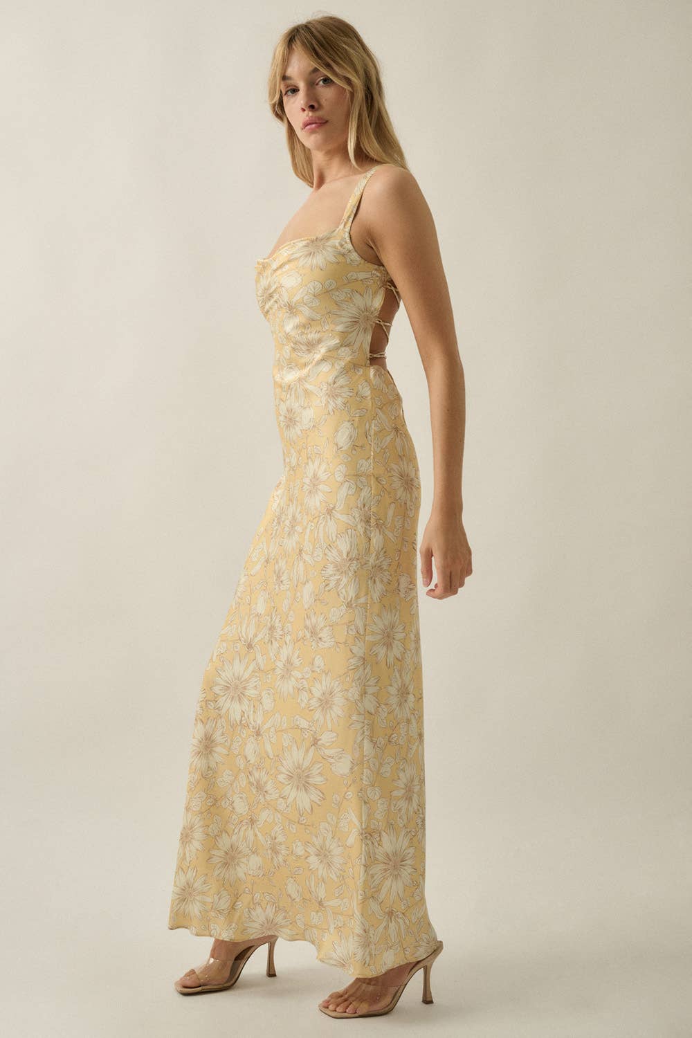 Floral-Print Satin Open-Back Maxi Dress
