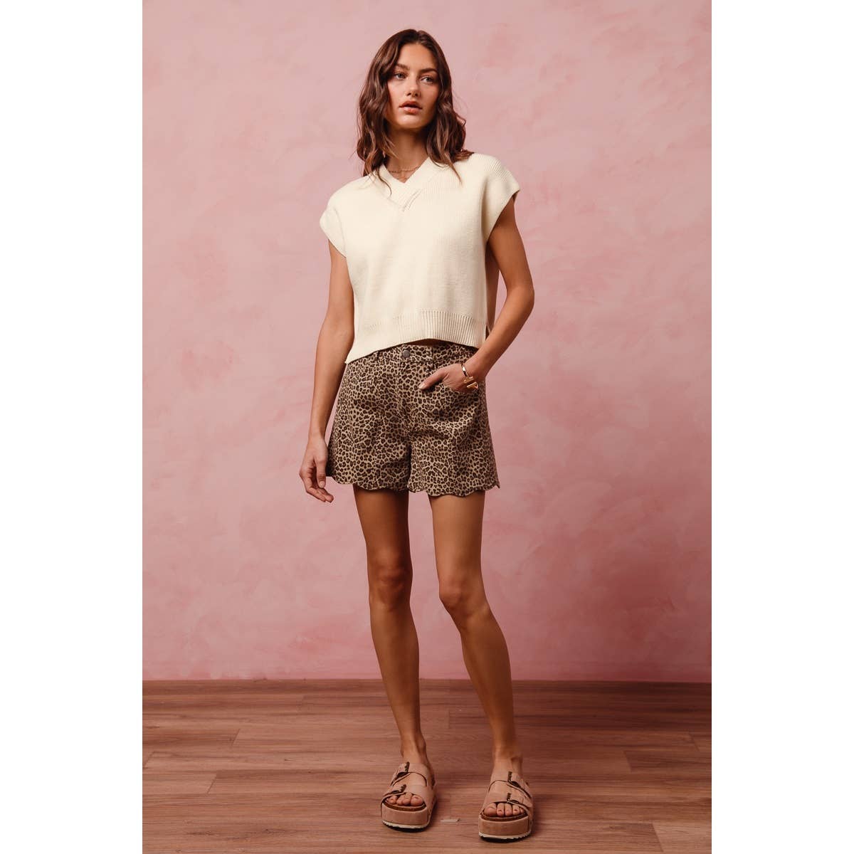 Mid Rise Leopard Shorts with Scallop Hem