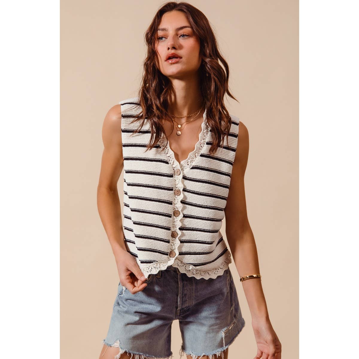 Buttoned Stripe Texture Knitted Sweater Vest Top