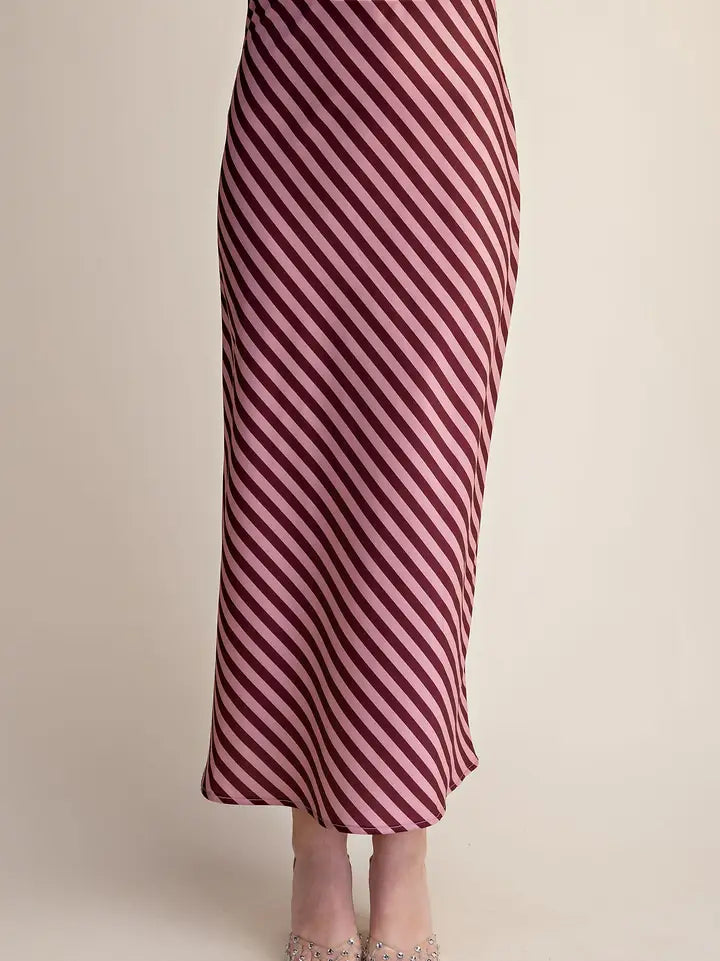 Stripe Satin Midi Skirt With Elastic Waist Band