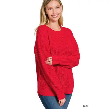 Hi-Low Long Sleeve Waffle Sweater