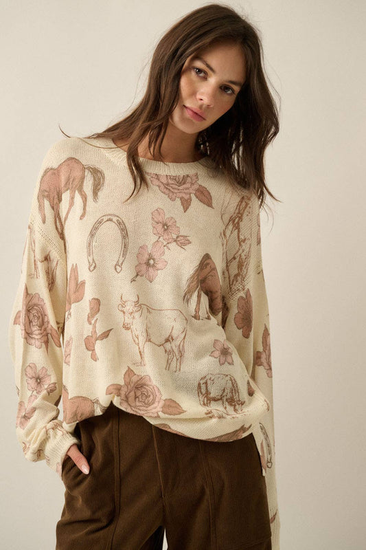 Western Floral Allover-Print Knit Sweater