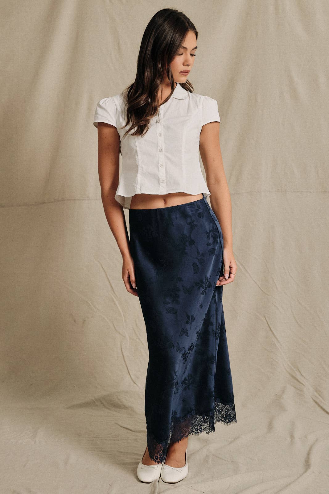 Lace Trim Jacquard Satin Slip Midi Skirt