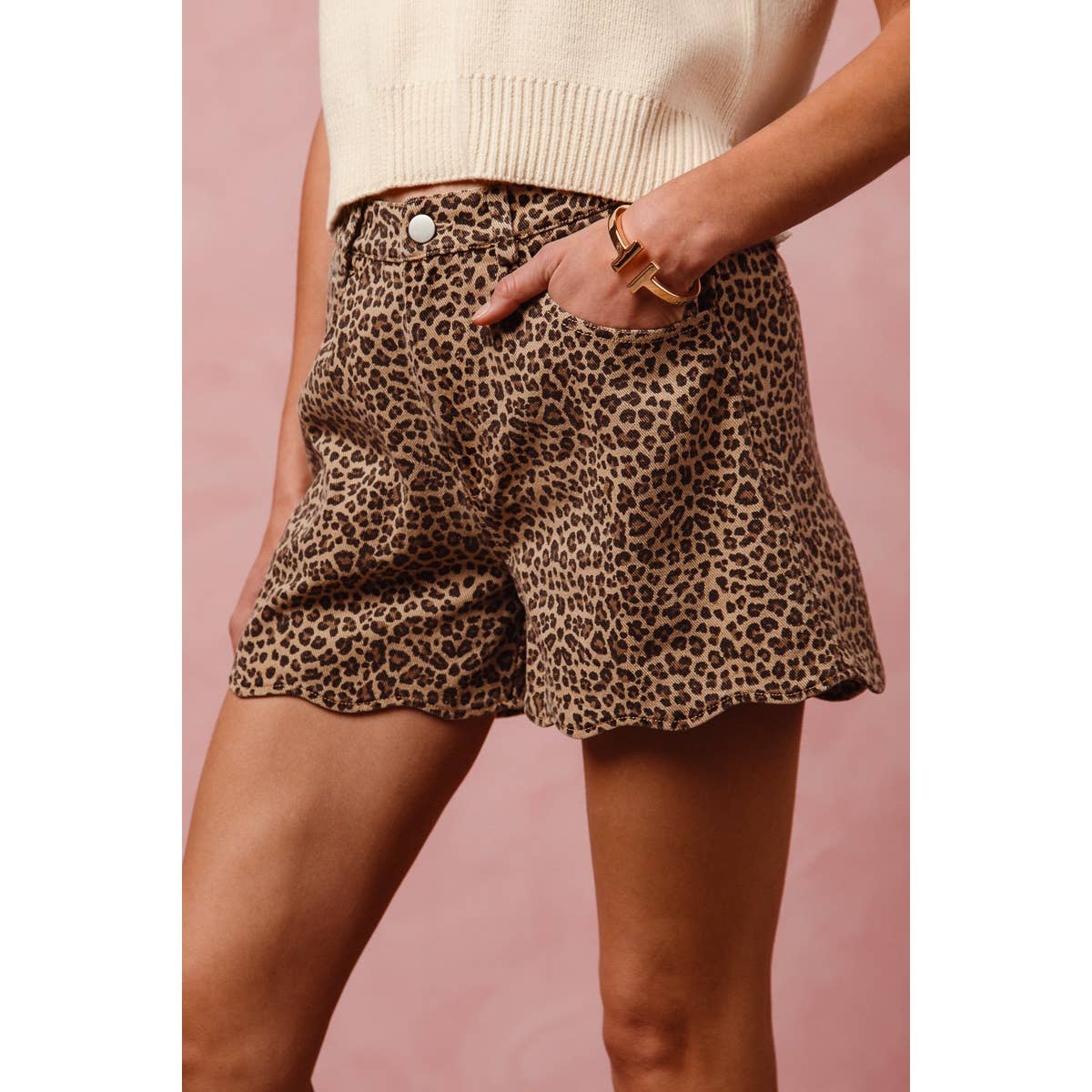 Mid Rise Leopard Shorts with Scallop Hem